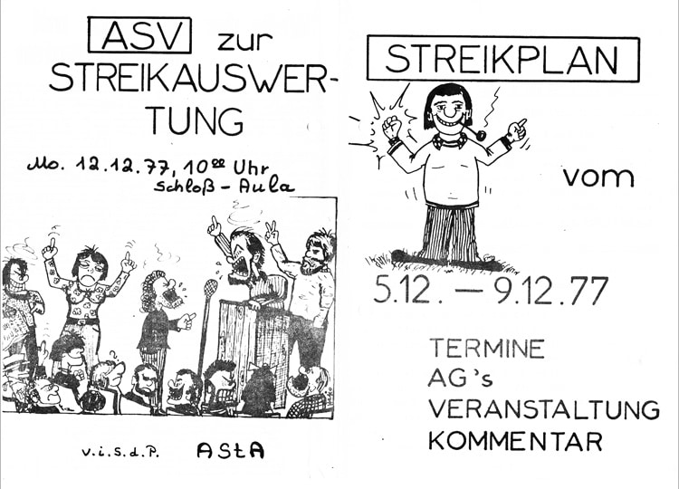 Zeitgenössische Karikatur des Autors (damals AStA-Referent) zu Vollversammlungsdebatten („ASV“ bedeutete Allgemeine studentische Vollversammlung) anno 1977