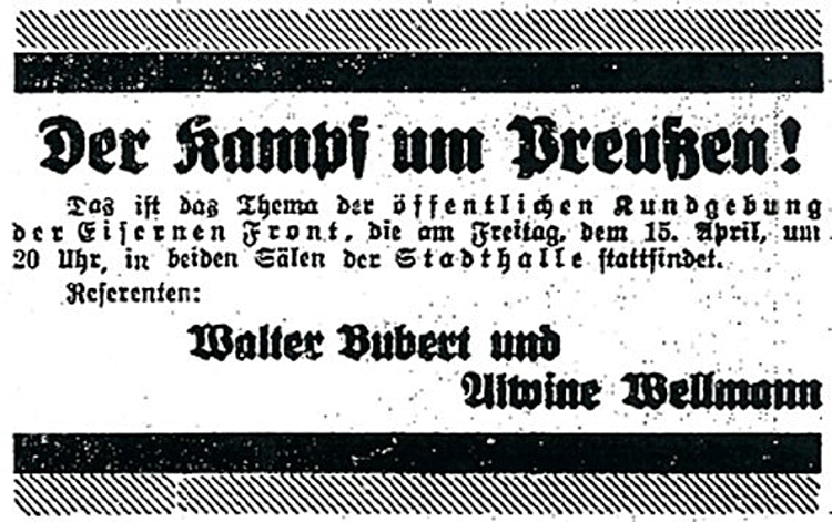 Preußische Landtagswahl am 24.04.1932: Hinweis auf eine antifaschistische Kundgebung in der SPD-Tageszeitung Freie Presse. Neben Bubert spricht die Osnabrücker Landtagsabgeordnete Alwine Wellmann