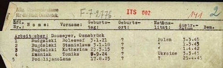 AOK-Liste mit den auf dem Bauernhof Daumeyer beschäftigten beschäftigten Zwangsarbeitern und Zwangsarbeiterinnen (Arolsen Archives)