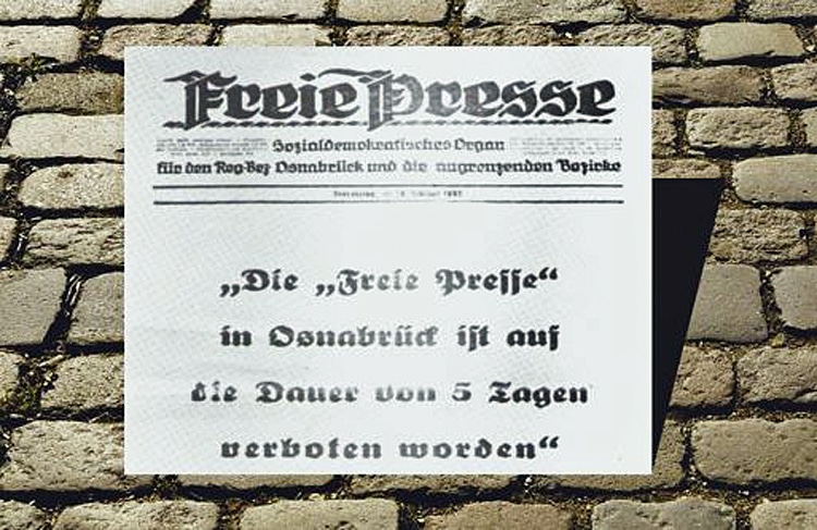 Abbildung 2: Letzte Ausgabe der verbotenen Osnabrücker SPD-Tageszeitung „Freie Presse“ vom 23. Februar 1933. Weil das Blatt nicht mehr erscheinen kann, verliert Burgdorf als „Schriftleiter“ automatisch seine berufliche Existenz. Collage: OR