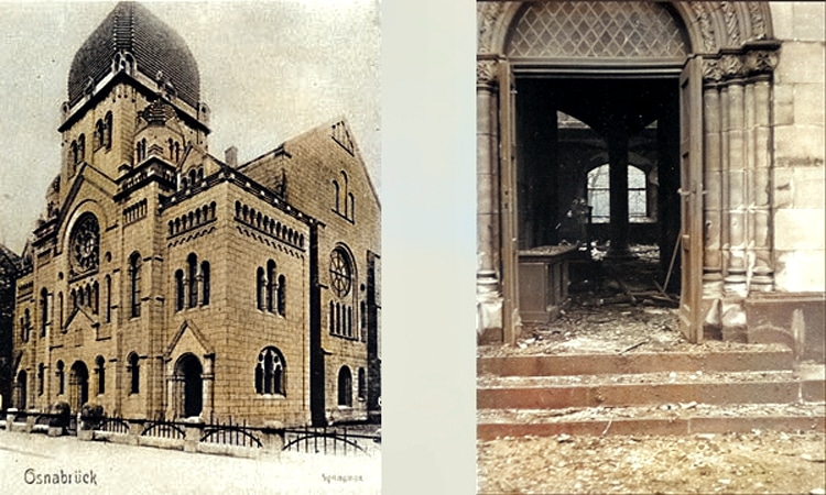 Osnabrueck Synagoge 1900 Postkarte / rechts die ausgebrannte Synagoge am 10. November 1938 (Sammlung Karl Ordelheide)