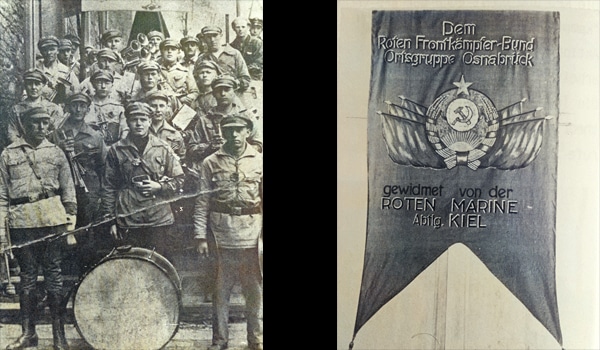 Der Rotfrontkämpferbund (RFB) bildet auch in Osnabrück zur Endphase der Weimarer Republik eine Art Parteiarmee. Oben rechts ist vermutlich der junge Ludwig Landwehr zu erkennen. Das Foto rechts zeigt die RFB-Fahne. Sie wurde nach dem erneuten KPD-Verbot 1956 von Genossen in der französischen Partnerstadt Angers versteckt. Fotos: Werner Hohmann