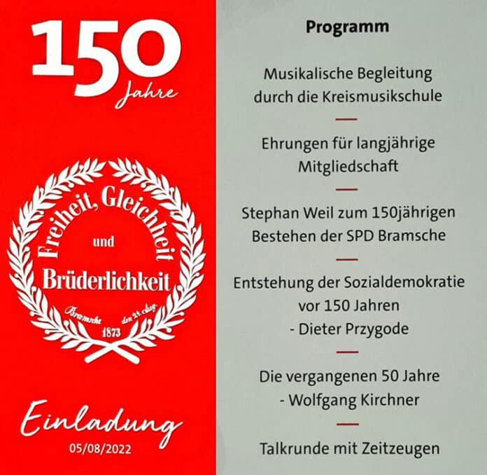 Einladung mit Programm zur 150-Jahrfeier der Bramscher SPD am 5. August 2022 (Repro: Dieter Przygode)