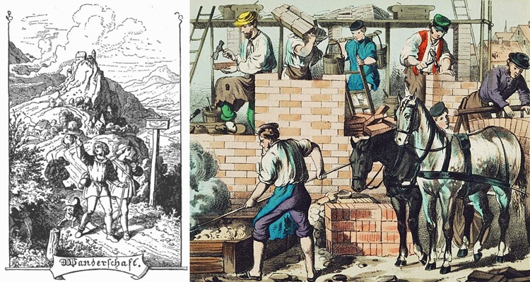 Romantisch verklärt: Wandergesellen in einem Gemälde von Ludwig Richter (links) und harte Arbeit auf einer Baustelle (zeitgenössischer Stich)