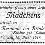 Abb 2 Geburtsanzeige Ruth ten Brink in den Bramscher Nachrichten am (Repro Dieter Przygode)