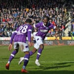 Omar Traore (VfL Osnabrueck 23) jubelt mit Noel Niemann (VfL Osnabrueck 28) nach seinem 2:0 DFB regulations prohibit any