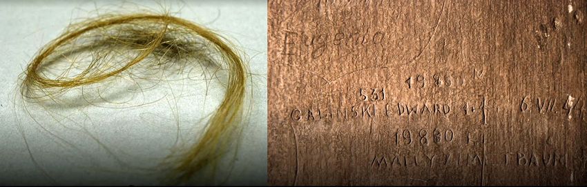 Eine Haarsträhne von Malka, die Wiesław Kielar durch alle Lager gerettet hat und die erhalten gebliebene Inschrift, die Edek in seiner Todeszelle in die Wand geritzt hat: ihre Namen, ihre Häftlingsnummern und der Tag ihrer gemeinsamen Gefangennahme, der 6.7.44