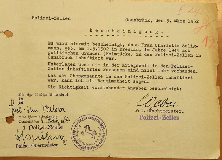 Bestätigung über die Haft in den „Polizei-Zellen“ an der Turnerstraße von 1952, NLA OS Rep 430 Dez 304 Akz. 2003/036 Nr. 386