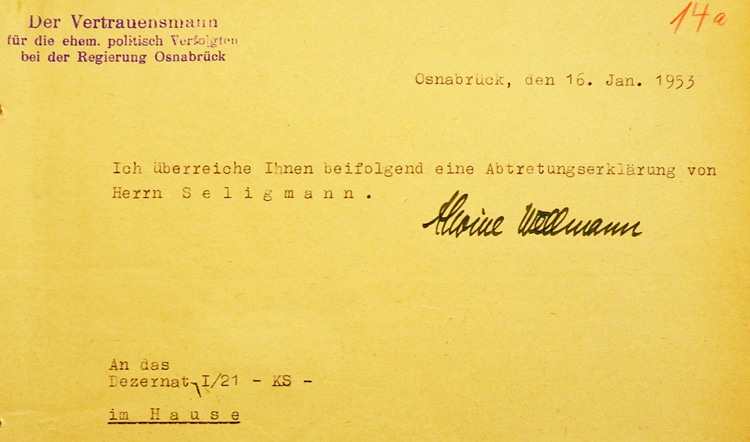 Schreiben von Alwine Wellmann als „Vertrauensmann“ für Politisch Verfolgte 1953, NLA OS Rep 430 Dez 304 Akz. 2003/036 Nr. 386