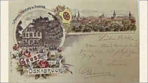 Die farbige Bildlitho von 1899 zeigt Gebäude und Garten des Hauses. Verlag H. Paal, Osnabrück