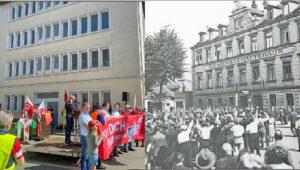 Bildvergleich 2025-1933, gesehen von einem ähnlichen Standort. Im Bild rechts eine antifaschistische Kundgebung der sozialdemokratischen Eisernen Frunt vom Juli 1932. Links das aktuelle Ensemble mit dem Hauptredner Thorsten Gröger. Montage: Heiko Schulze/OR