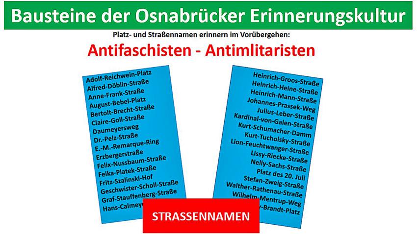 Vorbildliche Platz- und Straßenbezeichnungen passen heute zum Profil der Friedensstadt. Es dürfen gern mehr werden.