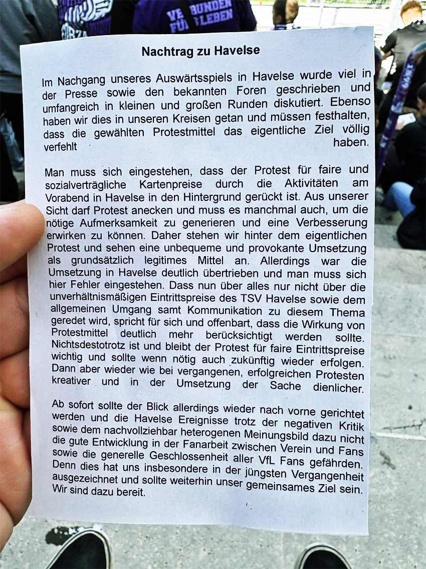 Stellungnahme aus der "aktiven" Fanszene zu den Vorfällen in Havelse