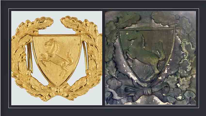 Symbol des Freikorps Lichtschlag: als Abzeichen auf dem Revers (links) und auf dem Hasenclever-Grabmahl.