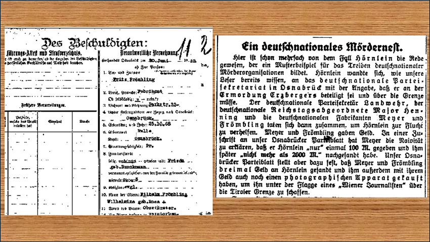 "Beschuldigter Frömbling", Staatsarchiv Freiburg F 1794 Nr. 104 sowie Zeitungsartikel aus der sozialdemokratischen Tageszeitung Vorwärts vom 11.8.1922