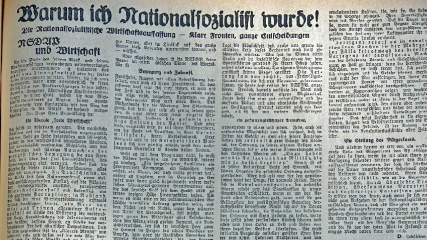 Schlikkers Selbstbekenntnis als Nationalsozialist am 24. Februar 1933. Abgedruckt im täglich erscheinenden NS-Blatt "Osnabrücker Zeitung"