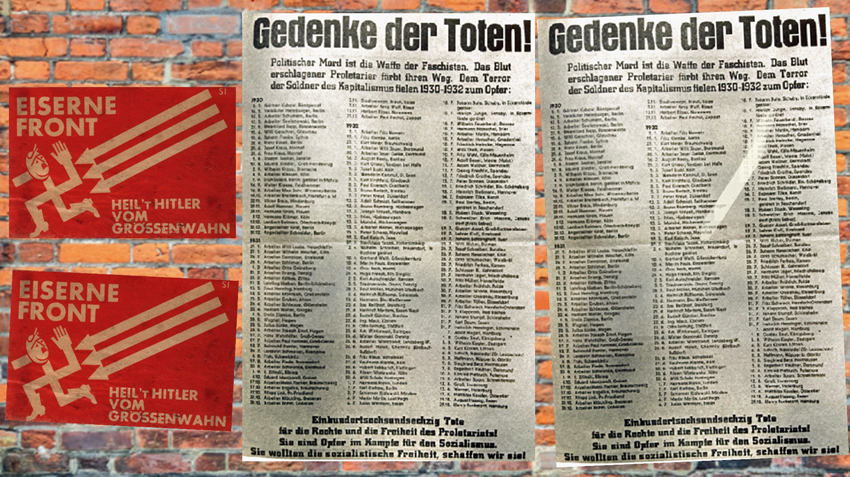 Nachträglich erstellte Collage. An einer Mauer prangt eine ganzseitige Zusammenstellung der Freien Presse über NS-Opfer aus SPD-Reihen: Schon lange vor der Machtübergabe wusste jedermann, der es wissen wollte, was die Nazis mit ihren Gegnern machen wollten. Collage: Heiko Schulze